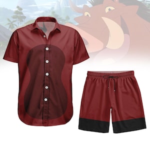 May include: A maroon button-down shirt and matching shorts set. The shirt features a dark brown guitar-shaped design. The shorts have a black band at the bottom and a drawstring. The background includes a cartoon image of a warthog and a tropical landscape.