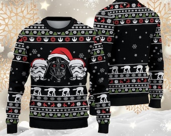 Christmas Star Wars Ugly Sweater, The Mandalorian Xmas Sweater, Santa Hat Darth Vader Ugly Christmas Sweater, Disney Holiday Sweater