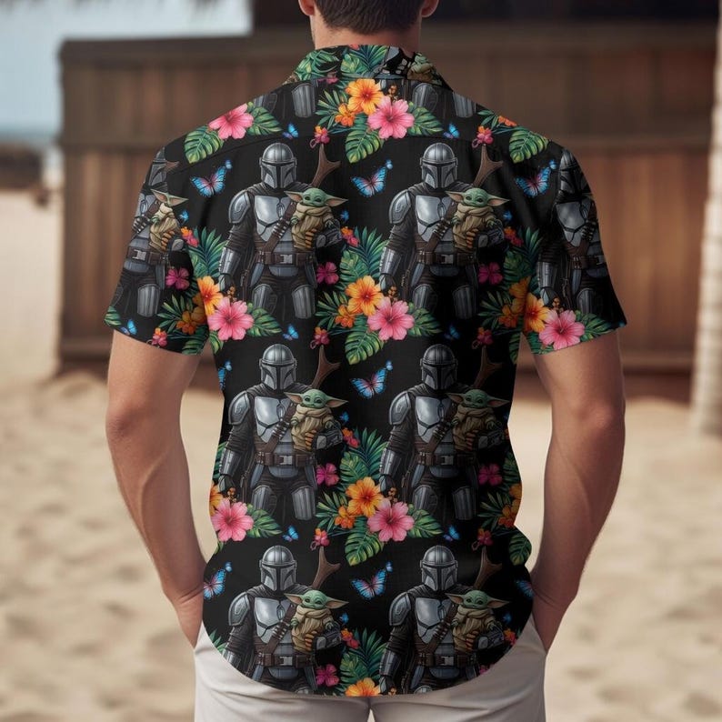The Mandalorian And Grogu Hawaiian Shirt, Grogu Bounty Hunter Button Shirt, 90s Style Star Wars Shirt, Baby Yoda Tee, Mandalorian Shirt