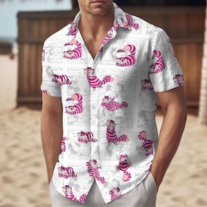 Cheshire Cat Hawaiiaans shirt, Alice in Wonderland button shirt en shorts, cartoon vakantie outfit, zomercadeau voor vader, button cadeau
