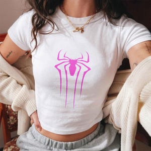 Pink Spider Logo Baby Tee, Spiderman Inspired Crop Top, Superhero Aesthetic Y2K Female Shirt, Minimalist Spider Web Graphic Tee