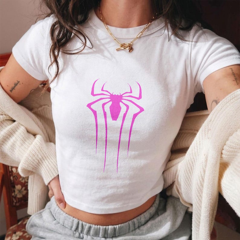 Pink Spider Logo Baby Tee, Spiderman Inspired Crop Top, Superhero Aesthetic Y2K Female Shirt, Minimalist Spider Web Graphic Tee