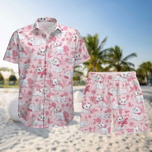 Marie Cat Floral Button Shirt, Pink Aristocats Summer Top, Cute Cartoon Kitten Shirt for Women, Disney Inspired Gift