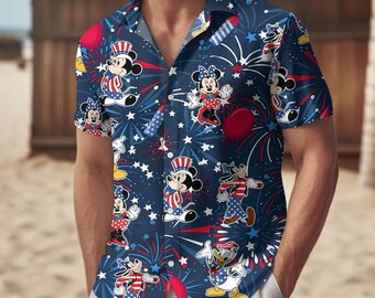 Mickey Minnie Donald Hawaiian Shirt, 4th of July Fireworks Button Shirt, Disney 4th of July Hawaii Shirt, Patriotic Disney Vacation Gif