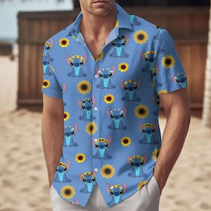 Camisa hawaiana de Stitch y girasol, linda camisa azul con botones de dibujos animados, atuendo de verano para hombres y mujeres, idea de regalo de playa