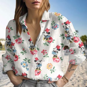 Minnie Mouse Floral Blouse Shirt, Disney Blouse Shirt, Disney Blouse Shirt, Mickey Mouse Gift, Summer Beach Outfit, Minnie Gift for Her