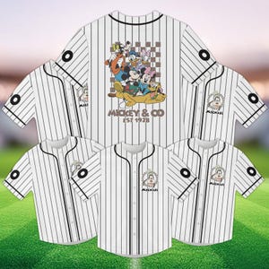 カスタムディズニーグーフィーベースボールジャージ、ミッキー＆カンパニー1928ジャージシャツ、ミッキーと仲間たちのストライプジャージ、マッチンググループトリップジャージTシャツ