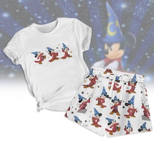 Koszulka Sorcerer Mickey Fantasia, spodenki Magic Wizard, pasująca piżama Disney, słodka kreskówkowa odzież wypoczynkowa, prezent dla mamy