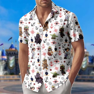 May include: White short-sleeve button-down shirt with a repeating pattern of Star Wars characters, anchors, compasses, and stars. The shirt features characters like Darth Vader, Chewbacca, and Baby Yoda. The text "Disney Cruise Line" is also visible.