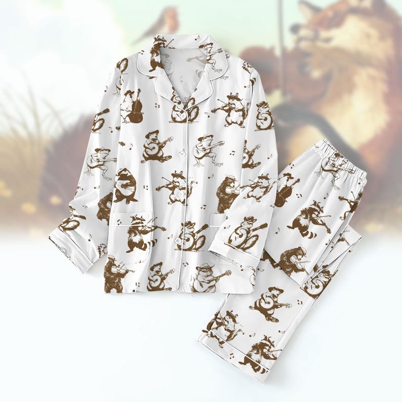Raccoon Band Pajama Set, Cute Animal Sleepwear, Vintage Woodland Loungewear, Cozy Homewear, Funny Pajama, Relaxed Fit Nightwear