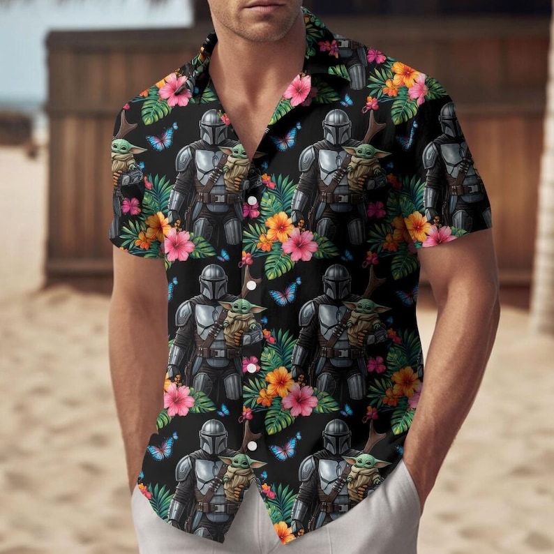 The Mandalorian And Grogu Hawaiian Shirt, Grogu Bounty Hunter Button Shirt, 90s Style Star Wars Shirt, Baby Yoda Tee, Mandalorian Shirt