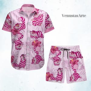 Hawaiiaans shirt Cheshire Cat, outfit Alice in Wonderland, shirt Disney Vacation Button, shirt roze kat, cartoon zomeroutfit