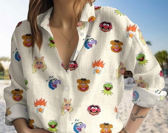 Divertida blusa de los Muppets, linda camisa de botones de los Muppets con Kermit y sus amigos, regalo para mamá o para ella, blusa de dibujos animados de verano