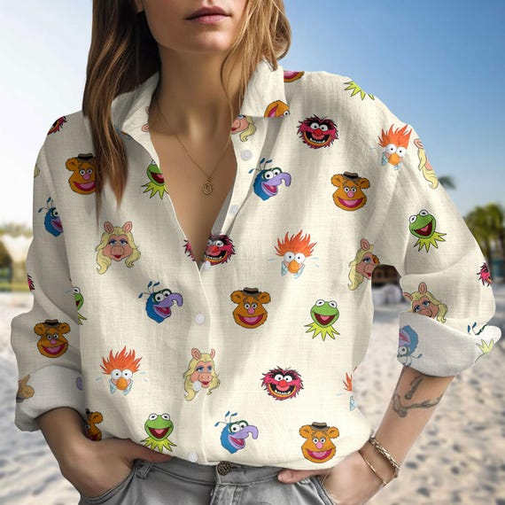 Funny Muppets Blouse Shirt, Cute Muppets Button up With Kermit and Friends, Gift for Mom or Her, Summer Cartoon Top