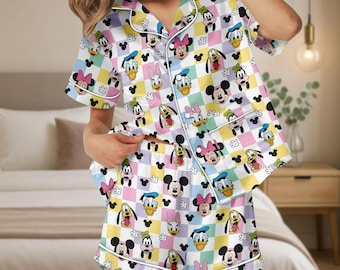 Mickey Minnie Satin Pajamas, Disney Cartoon Sleepwear for Women, Summer Matching Shorts Lounge Set Gift