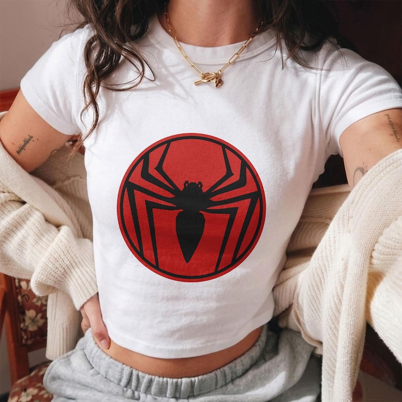 Spiderman Logo Baby Tee, Spider Logo Shirt, Superhero Crop Top, Retro Spider Tee, Aesthetic Y2K Baby Tee, Cute Spiderman Shirt For Wome
