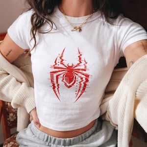 Spider Baby Tee, Red Spider Verse Logo Crop Top, Streetwear Y2K Aesthetic Shirt, Superhero Graphic Tee Women, Logo Spider Man Shirt