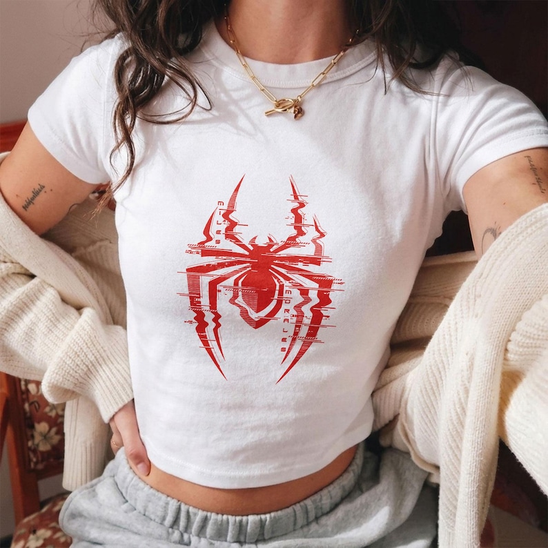 Spider Baby Tee, Red Spider Verse Logo Crop Top, Streetwear Y2K Aesthetic Shirt, Superhero Graphic Tee Women, Logo Spider Man Shirt