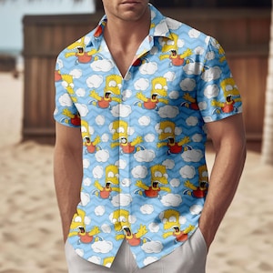 Könnte beinhalten: Kurzärmeliges Button-Down-Hemd mit einem sich wiederholenden Muster von Bart Simpson-Charakteren in der Luft vor einem hellblauen Hintergrund mit weißen Wolken und einem Zickzack-Design. Das Hemd hat einen klassischen Kragen.
