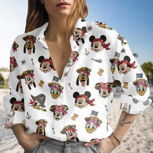 Disney Pirate Crew Linen-Look Shirt, Mickey Minnie Donald Daisy Pluto Pirate Blouse Shirt, Nautical Disney Cruise Top, Halloween Gift