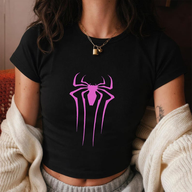 Pink Spider Logo Baby Tee, Spiderman Inspired Crop Top, Superhero Aesthetic Y2K Female Shirt, Minimalist Spider Web Graphic Tee