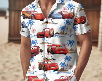 Cars Lightning McQueen Hawaiian Shirt, Summer Beach Outfit for Boys, Cute Disney Matching Vacation Look, Cars Button Up Gift