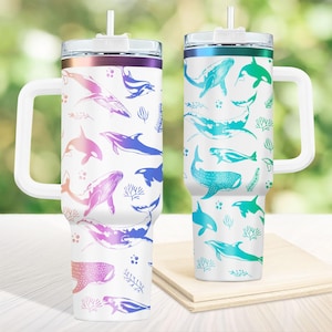 Shark Engraved Tumbler 40oz, 40oz Engraved Ocean Cup with Handle, Sea Lover Tumbler For Her, Sea Life Lover Gift, Whale Shark and Ocean