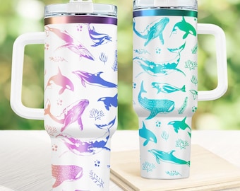 Shark Engraved Tumbler 40oz, 40oz Engraved Ocean Cup with Handle, Sea Lover Tumbler For Her, Sea Life Lover Gift, Whale Shark and Ocean