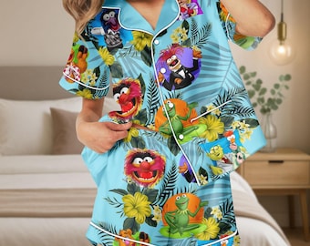 Muppets satijnen pyjamashort, tropische nachtkledingset, grappig personage loungewear, leuke zomerpyjama, cadeau voor haar