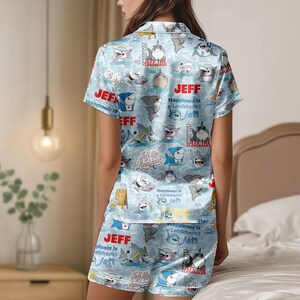 Jeff the Landshark Satin Pajamas, Funny Summer Sleepwear Gift for Fans, Cute Comic Style Shark Matching Shorts Set