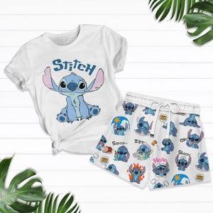 Stitch T-Shirt and Shorts Set, Cartoon Matching Summer Outfit, Lilo and Stitch Sleepwear, Stitch Summer Shorts