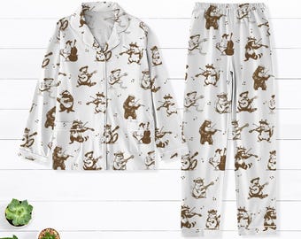 Set pigiama con fascia procione, pigiama con simpatici animali, pigiama vintage da camera, pigiama accogliente, pigiama divertente, pigiama dalla vestibilità comoda