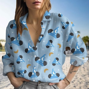 Shirt Disney Sorcerer Hatblouse, Mickey Wizard-shirt met pet en linnenlook Moon, magische Disney-blouse, zomertopje