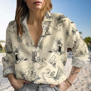 Vintage Pooh Sketch Blouse Shirt, Classic Winnie the Pooh Button Blouse, Retro Cartoon Aesthetic, Book Lover Shirt Gift, Gift For Her