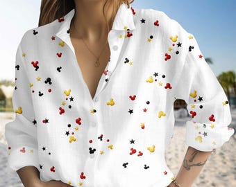 Mickey Mouse Blouse Shirt, Minimal Disney Blouse Shirt, Disney Button Up Shirt, Casual Disney Style, Gift For Women