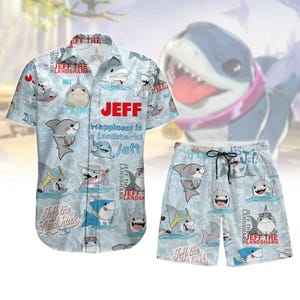 Camisa hawaiana de Jeff el tiburón terrestre, short para amantes de los tiburones, camisa hawaiana de dibujos animados, ropa de playa de verano, atuendo de vacaciones, regalo original para él