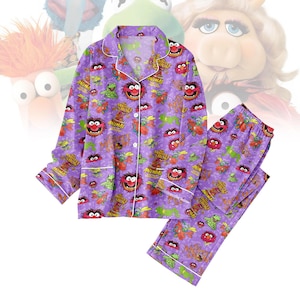 The Muppet Show Pajamas Set, Purple Cartoon Satin Sleepwear, Animal Kermit Long Sleeve PJs, Funny Cozy Loungewear Gift