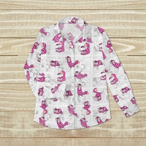 Cheshire Cat Linen Shirt, Alice In Wonderland Shirt, Cute Cartoon Button Shirt, Disney Fan Shirt, Summer Gift For Her, Pastel Shirt