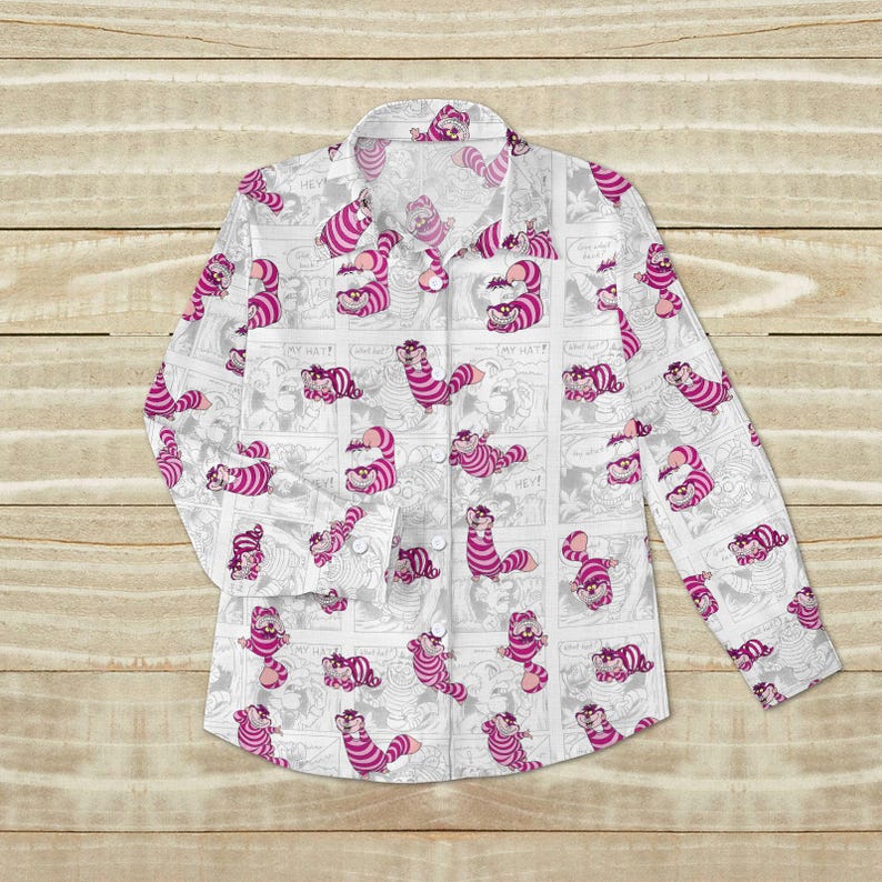 Cheshire Cat Linen Shirt, Alice In Wonderland Shirt, Cute Cartoon Button Shirt, Disney Fan Shirt, Summer Gift For Her, Pastel Shirt