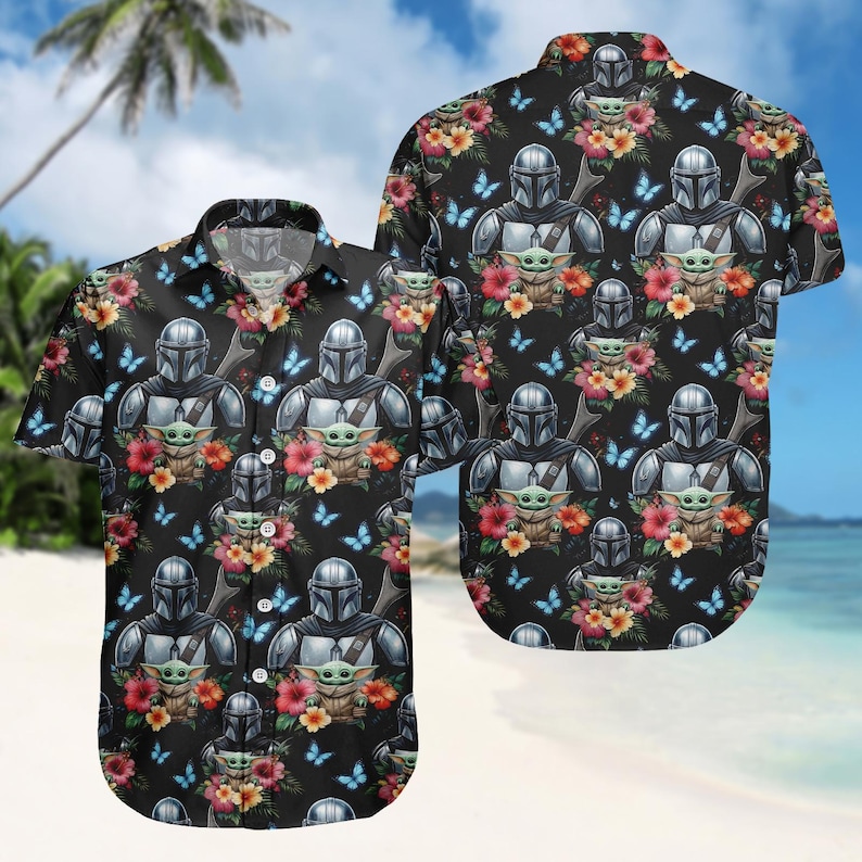 Mandalorian Grogu Flower Button Shirt, Baby Yoda Shirt, Star Wars This Is The Way Shirt, Disneyland Family Trip Shirt, Father's Day Gif