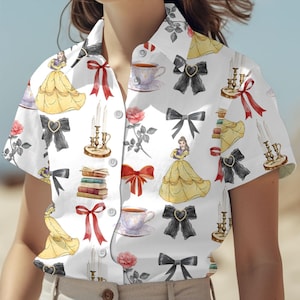 Beauty and the Beast Hawaiian Shirt, Belle Princess Shorts, Fairytale Gift for Mom, Disney Summer Outfit, Summer Button Shirt
