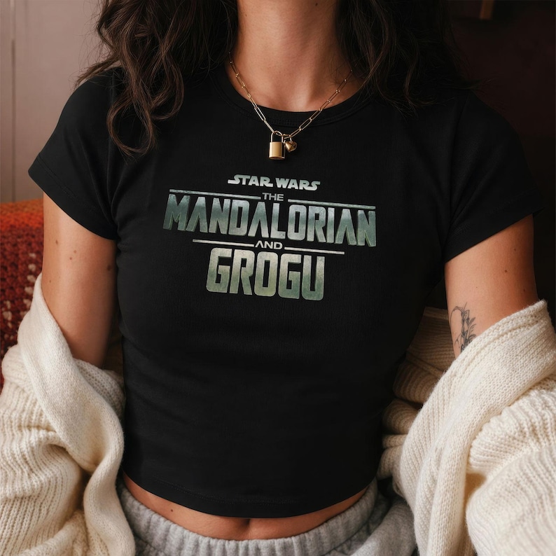 The Mandalorian and Grogu Baby Tee, Star Wars Text Logo Crop Top, Grogu Bounty Hunter Shirt, Grogu Fan Gift, Y2K Trendy Tee