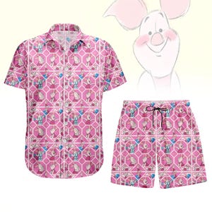 Camisa de Piglet Hawái, Camisa con botones de Winnie Piglet, Camisa de amigos de Disney, Regalo para amantes de los Piglet, Camisa de dibujos animados de verano, Camisa de cerdo lindo