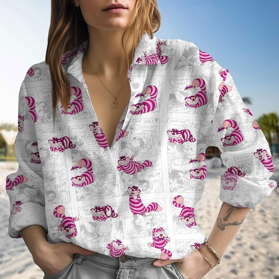 Cheshire Cat Blouse Shirt, Alice In Wonderland Shirt, Cute Cartoon Button Shirt, Disney Fan Shirt, Summer Gift For Her, Pastel Shirt