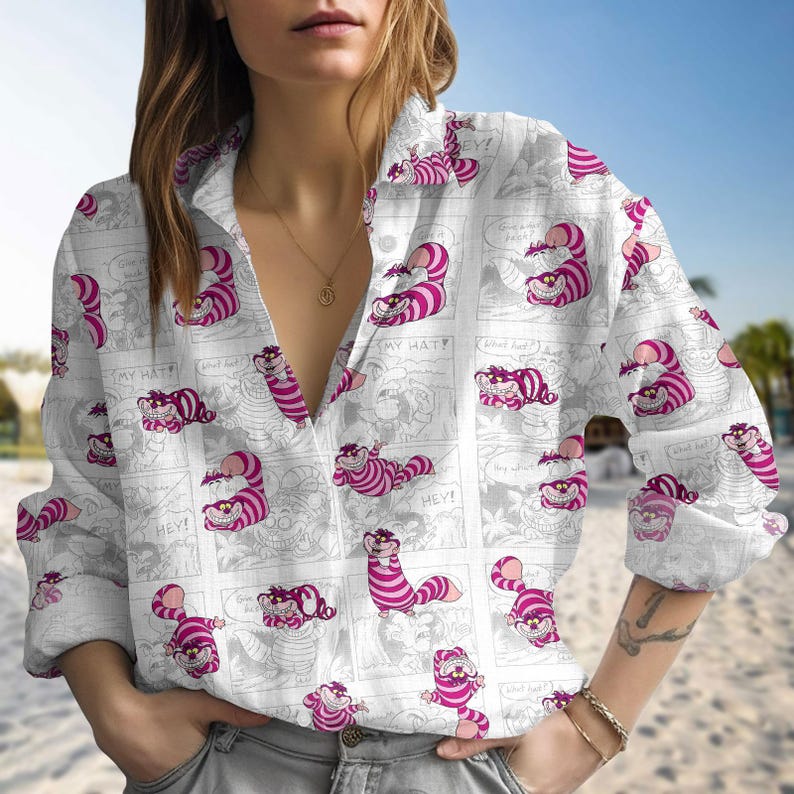 Cheshire Cat Linen Shirt, Alice In Wonderland Shirt, Cute Cartoon Button Shirt, Disney Fan Shirt, Summer Gift For Her, Pastel Shirt