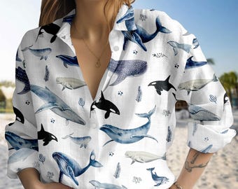 Ocean Whale Blouse Shirt, Sea Life Blouse Shirt, Summer Coastal Shirt, Watercolor Whale Top, Ocean Animal Button Shirt, Blouse Wome