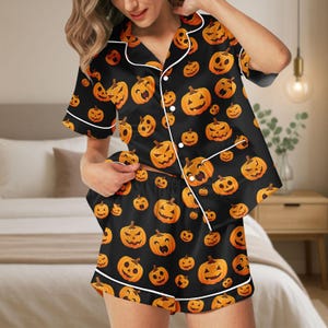 Halloween Pumpkin Satin Pajama Set, Cute Halloween Pumpkin Face PJs, Fall Spooky Sleepwear, Halloween Pajamas Set, Gift For Mom