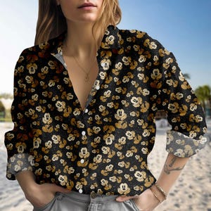 Mickey Mouse Linen-Look Shirt, Vintage Disney Blouse Shirt, Disney Cartoon Button Up Shirt, Summer Oversized Shirt