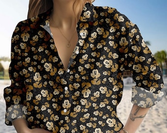 Mickey Mouse Blouse Shirt, Vintage Disney Blouse Shirt, Disney Cartoon Button Up Shirt, Summer Oversized Shirt
