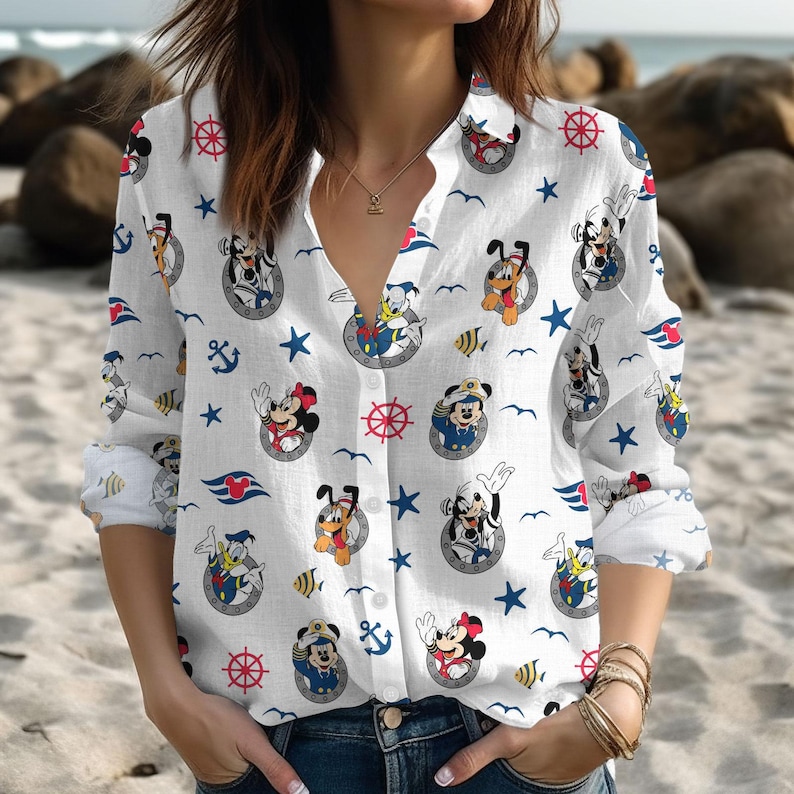 Disney Mickey And Co Cruise Linen Shirt, Mickey And Minnie Cruise Shirt, Disney Cruise Women Blouses Shirt, Summer Gift For Mom